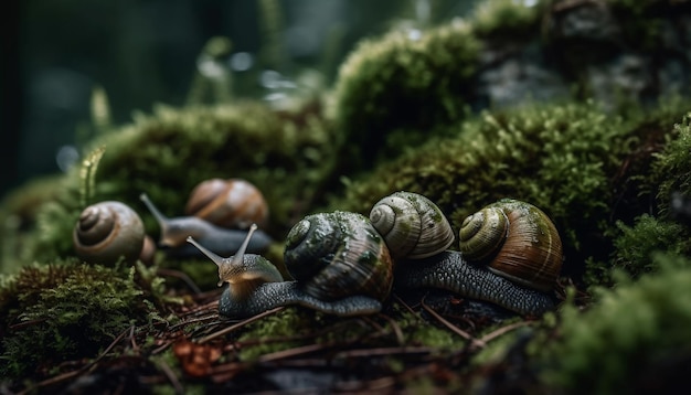 Lento caracol verde desliza em folha molhada gerada por ia