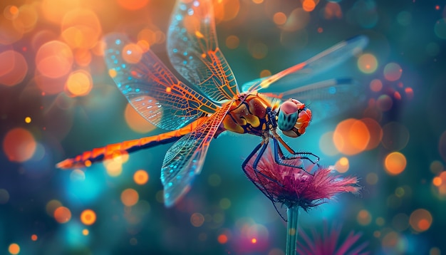 Foto grátis libélula brilhante com tons de néon