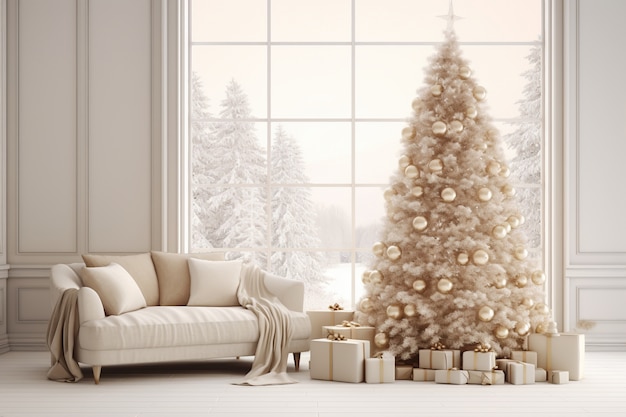 Linda árvore de natal com sofá