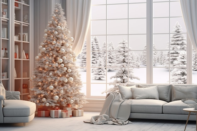 Linda árvore de natal com sofá