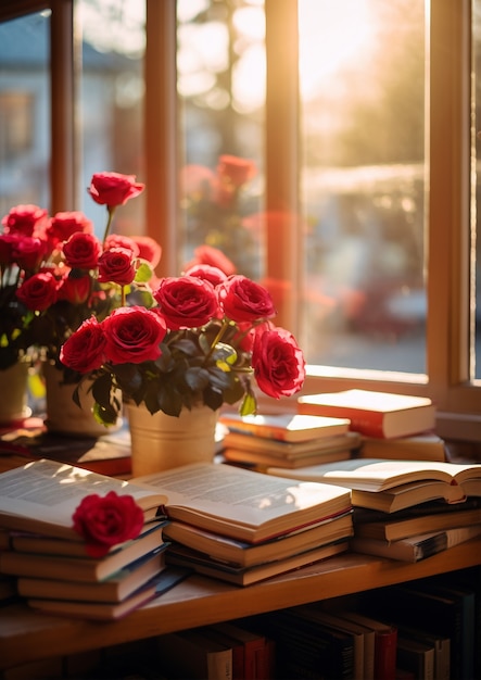 Foto grátis linda biblioteca com rosas