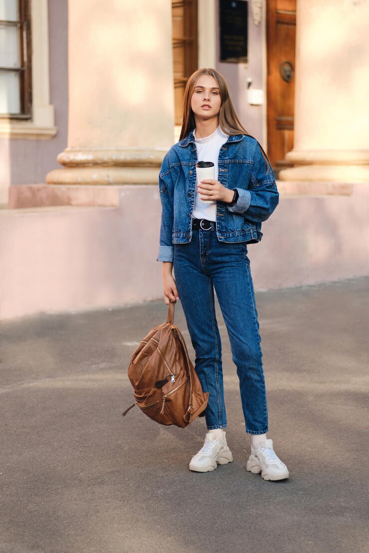 Foto grátis linda estudante casual elegante em jaqueta jeans com mochila olhando com confiança na câmera na universidade ao ar livre