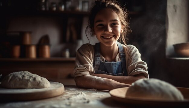 Linda garota aprendendo habilidades de cozimento na cozinha gerada por IA