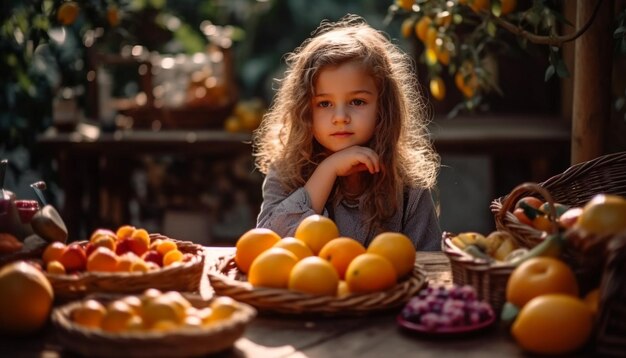 Linda garota sorrindo com cesta de frutas frescas ao ar livre gerada por IA