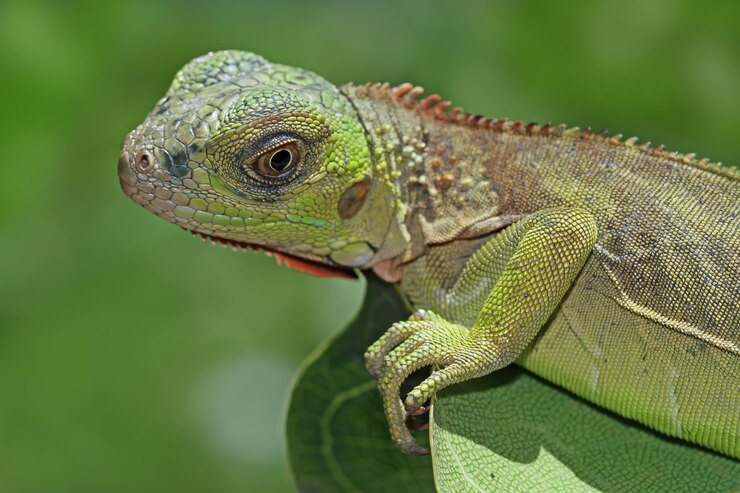 Foto grátis linda iguana vermelha closeup com cabeça na madeira