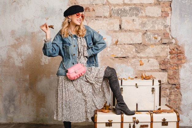 Foto grátis linda mulher loira elegante em jeans e jaqueta grande posando contra a parede na rua