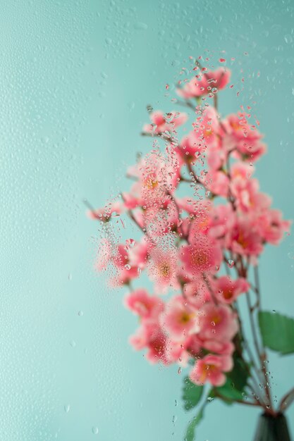Lindas flores vistas atrás do vidro de umidade