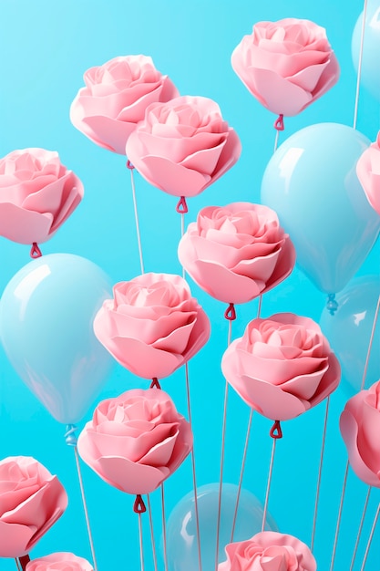 Lindas rosas cor de rosa com balões