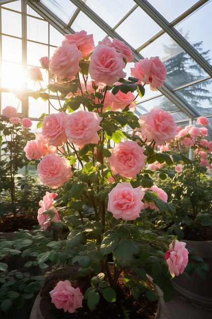 Lindas rosas florescendo em estufa