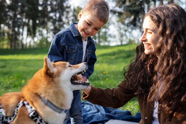 Lindo animal de estimação shiba inu com a família