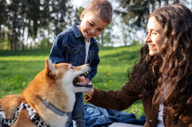 Lindo animal de estimação shiba inu com a família