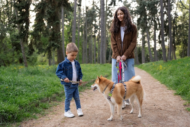 Lindo animal de estimação shiba inu com a família