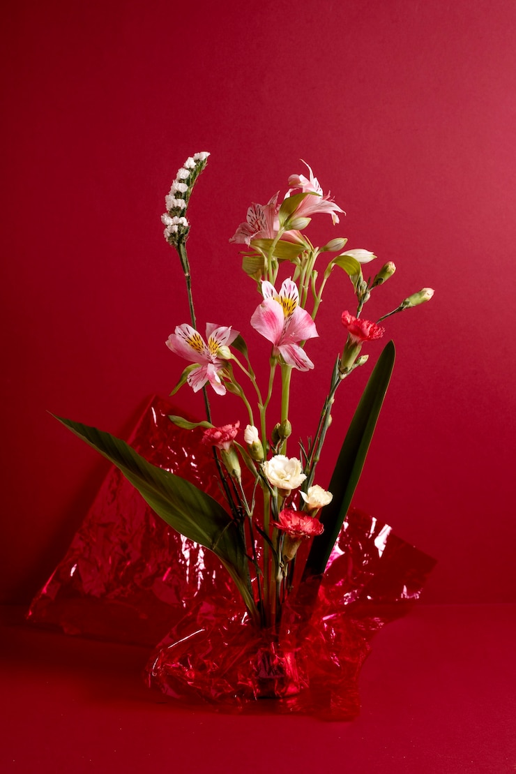 Foto grátis lindo arranjo de flores com fundo vermelho