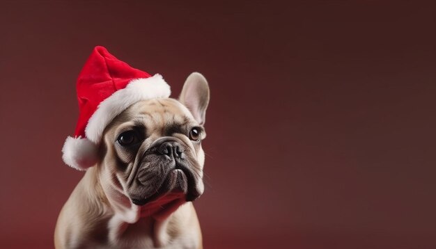 Lindo buldogue francês em traje de veado celebra o inverno gerado pela IA