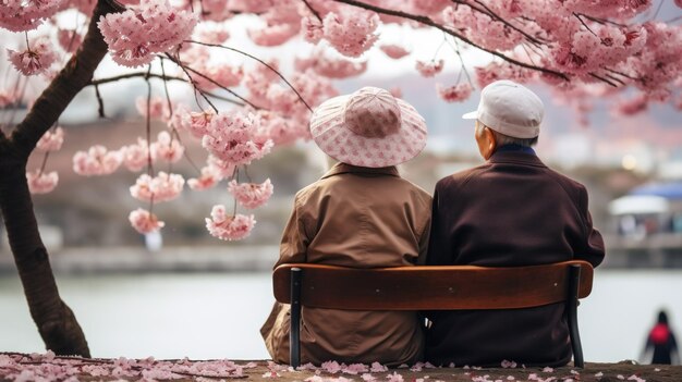 lindo casal de idosos está descansando no banco no parque primavera admirando o lago e as flores de cerejeira