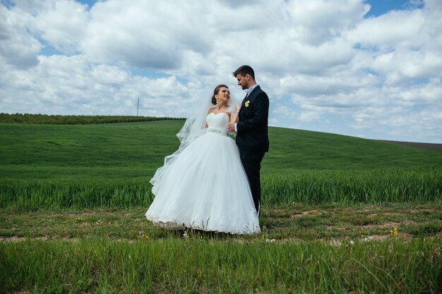 Lindo casal de noivos caminhando no campo verde