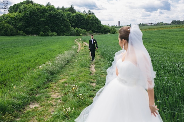 Lindo casal de noivos caminhando no campo verde