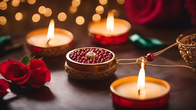 Foto grátis lindo diwali diya com rosa vermelha em fundo escuro