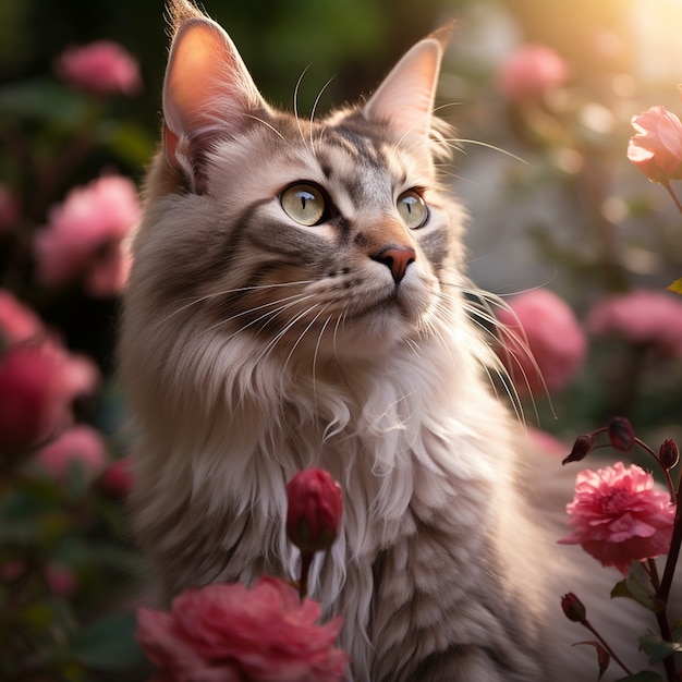 Foto grátis lindo gatinho com flores ao ar livre