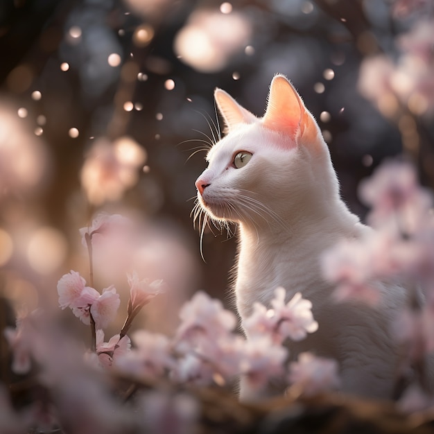 Foto grátis lindo gatinho com flores ao ar livre