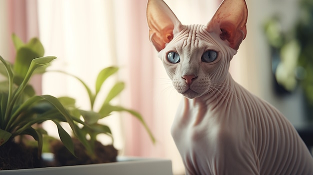 Foto grátis lindo gato esfinge dentro de casa