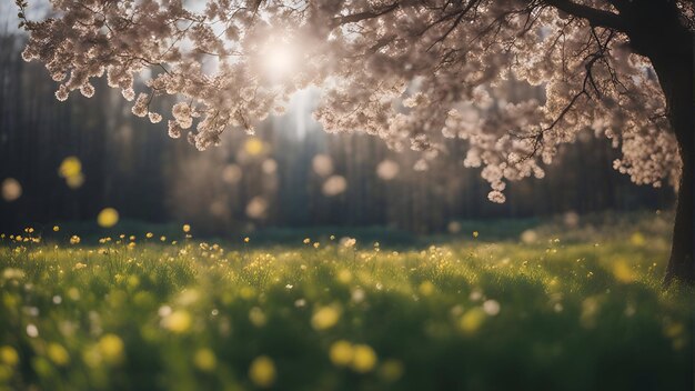 Lindo jardim de primavera com cerejeiras florescendo e dentes de leão