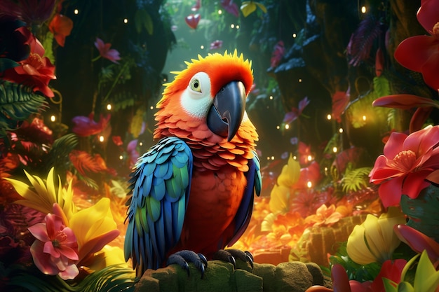 Lindo papagaio de desenho animado na natureza