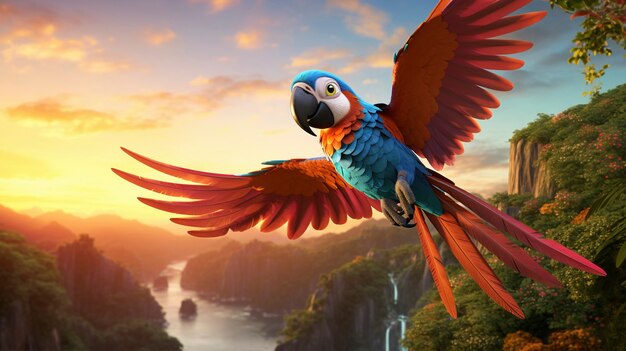 Lindo papagaio de desenho animado na natureza