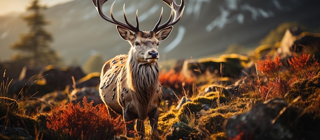 Foto grátis lindo veado vermelho durante a temporada de cio na floresta de outono