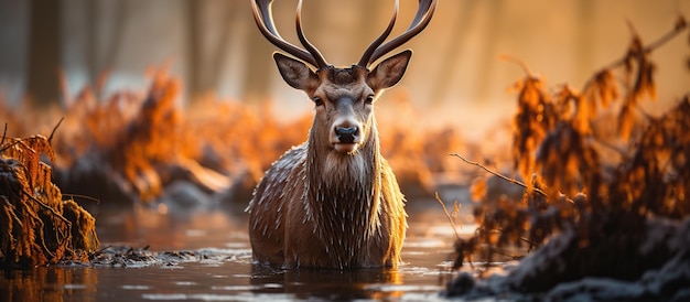 Foto grátis lindo veado vermelho durante a temporada de cio na floresta de outono