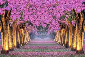 Foto grátis linhas de belas árvores de flores cor de rosa.