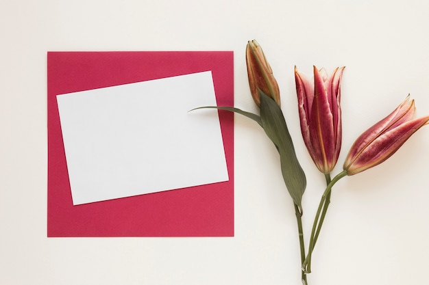 Foto grátis lírios reais com envelope vermelho e pedaço de papel vazio