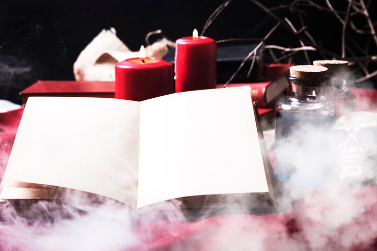 Foto grátis livro aberto em fumo com atributos de halloween