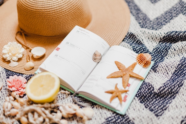 Livro com elementos da estrela do mar e da praia