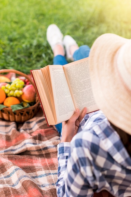 Livro de leitura de mulher no piquenique