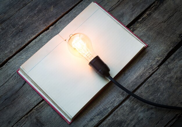 Livro em branco com uma lâmpada acesa no topo