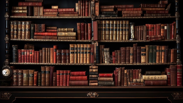 Livros antigos adornam a biblioteca, cuidadosamente dispostos com clássicos e pedras preciosas raras