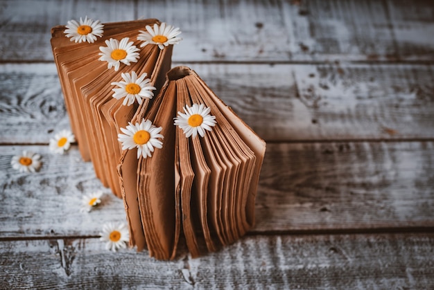 Foto grátis livros antigos com flores de margaridas brancas.