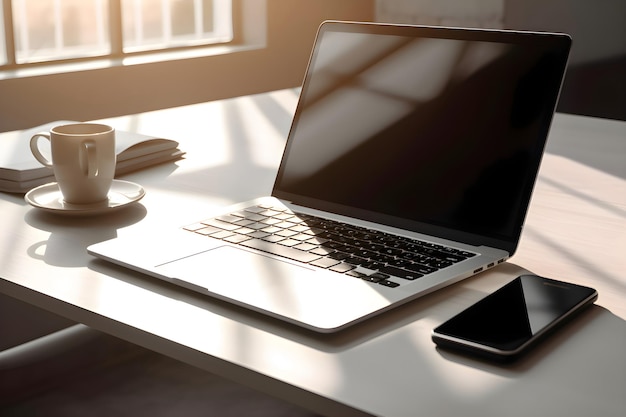 Foto grátis local de trabalho com laptop, smartphone e xícara de café na mesa do escritório