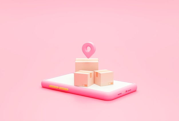Localização da marca do ponteiro de pino e caixa de encomendas no Smartphone Conceito de logística de transporte de entrega online na ilustração de renderização 3d de fundo rosa