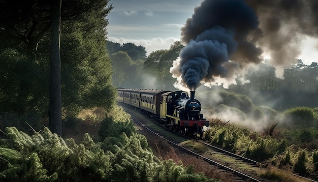 Locomotiva a vapor atravessando a paisagem da floresta rural gerada por IA