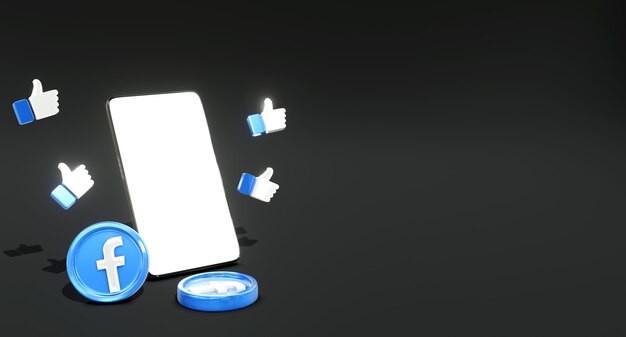 Logotipo 3d brilhante de mídia social do facebook no telefone com ícone de curtir e fundo escuro