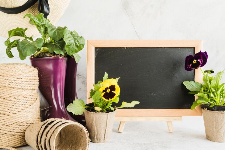 Foto grátis lousa de madeira em branco pequena com vasos de plantas; carretel de corda e vasos de turfa