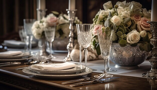 Luxuoso banquete de casamento Louças elegantes talheres e copos gerados por IA