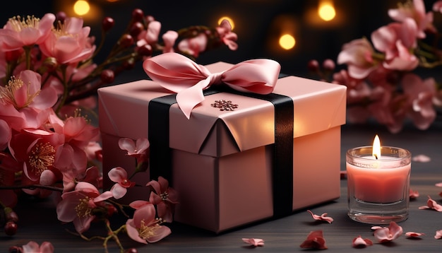 Luz de vela romântica ilumina a caixa de presentes celebrando a elegância do amor gerada pela inteligência artificial