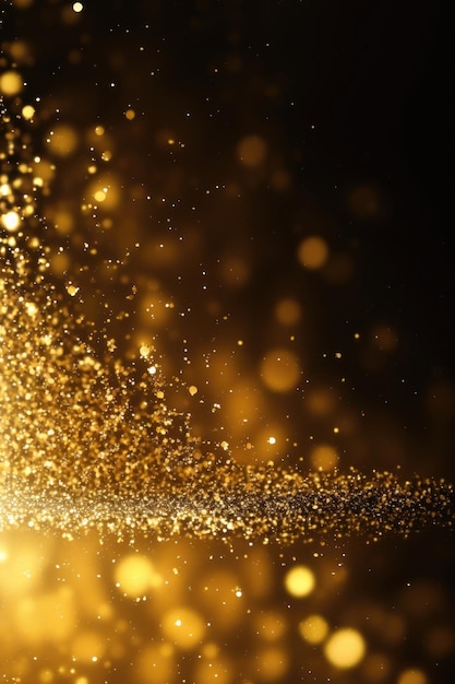 Luzes de glitter dourado isoladas em fundo escuro Pó de glitter dourados textura desfocada Bokeh de partículas de brilho abstrato