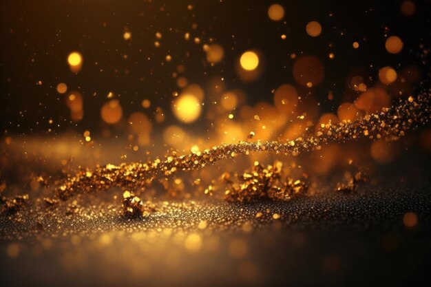 Luzes de glitter dourado isoladas em fundo escuro Pó de glitter dourados textura desfocada Bokeh de partículas de brilho abstrato