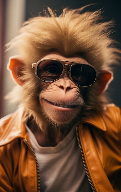 Macaco engraçado com óculos de sol em estúdio