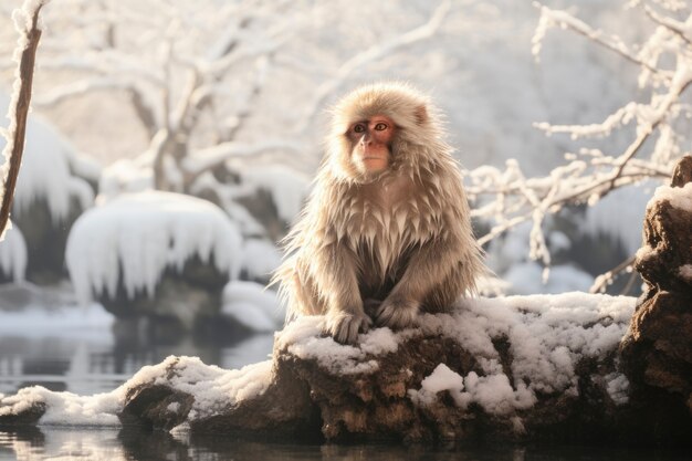 Macaco na natureza na estação de inverno