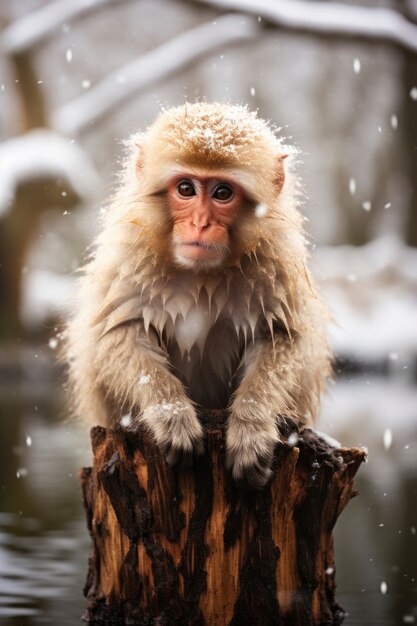 Macaco na natureza na estação de inverno